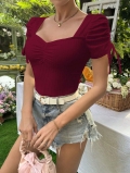 Women's Wine Red T-Shirt Square Neck Puff Sleeve Ruched Drawstring Slim Fit Rib-Knit Short Top Summer Sweet French Romantic Outfits Women Clothing