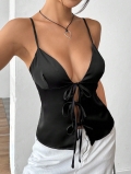 Sexy Black Satin Backless Camisole For Women Deep V Neck Front Bow Tie Slim Fit Spaghetti Strap Tank Top Summer Sleeveless Party Clubwear Fashion Outwear