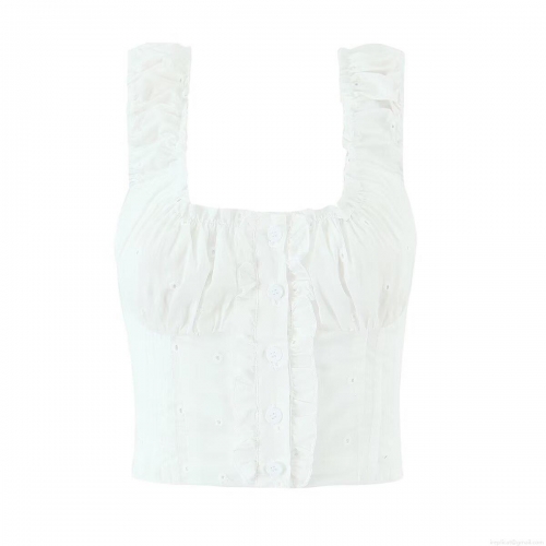 Women's Eyelet Embroidery 100% Cotton Camisole Top Square Neck Ruffle Strap Button Front Crop Tank Top Sexy Summer Streetwear For Women