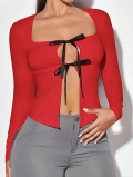 Women's Sexy Red Long Sleeve T-Shirt Square Neck Viscose Knit Crop Top Featuring Front Cut Out And Black Bow Tie Slim Fit Party Club Wear Chic Top For Women