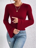 Women's Elegant Round Neck Bell Sleeve T-Shirt Wine Red Slim Fit Ribbed Knit Long Sleeve Polyester Spandex Top For Commute Ladies Fashion
