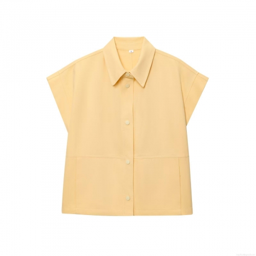 Summer Loose Short Sleeve Lapel Button Down Shirt Women Casual Solid Color Polyester Blouse Streetwear Fashion Top Women Clothing