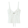 Women Summer Sexy Bowknot Hollow Out Tank Top Elegant Sleeveless Camisole With Back Invisible Zipper And Tie Strap European Streetwear White Crop Top For Party Vacation