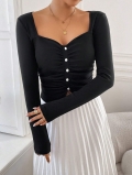 Women's Slim Fit Ribbed Knit Long Sleeve T-Shirt French Style Square Neck Ruched Front With Button Decor Elegant Casual Top For Autumn Winter
