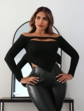 Women's Off-Shoulder Crop Top Long Sleeve Cutout Slim Fit T-Shirt Sexy Pointed Hem Hollow Out Fashion Streetwear Top for Club Party Summer Autumn