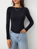 Women's Slim Fit Ribbed Knit Long Sleeve T-Shirt Viscose Blend Round Neck Curved Hem Solid Basic Casual Pullover Top Autumn Winter Clothing