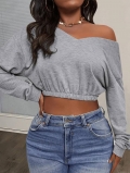 Women's Cropped V-Neck Long Sleeve T-Shirt Cotton Blend Sexy Slim Fit Casual Pullover Sweatshirt For Daily Sports Fashion Gray Top