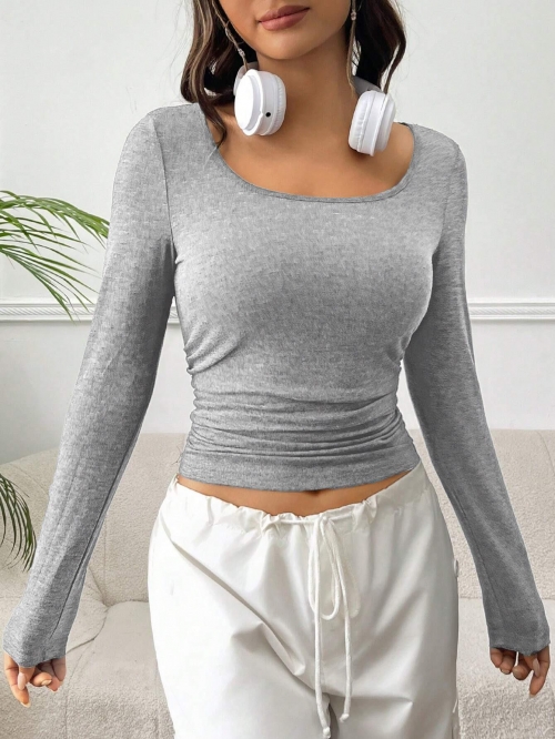 Women's Casual Long Sleeve Ruched T-Shirt Slim Fit Polyester Elastane Solid Grey Round Neck Crop Top Basic Tee