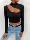 Women's Hollow Out Long Sleeve T-Shirt Asymmetric Neckline Ribbed Knit Crop Top Sexy Slim Fit Streetwear Autumn Winter Solid Color Polyester Elastane Top