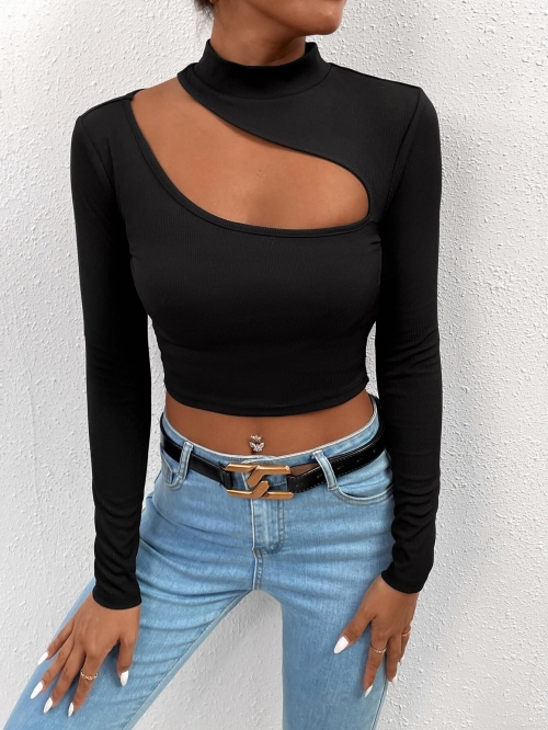 Women's Hollow Out Long Sleeve T-Shirt Asymmetric Neckline Ribbed Knit Crop Top Sexy Slim Fit Streetwear Autumn Winter Solid Color Polyester Elastane Top