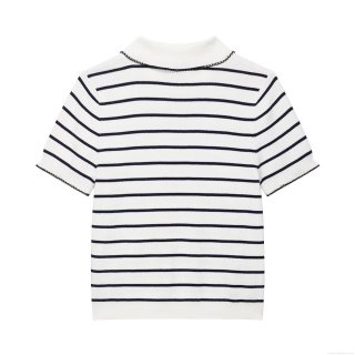 Women Peter Pan Collar Striped Knit Polo Shirt Contrast Scalloped Trim Short Sleeve Summer T-Shirt Polyester Casual Slim Fit Top Streetwear Ladies Fashion