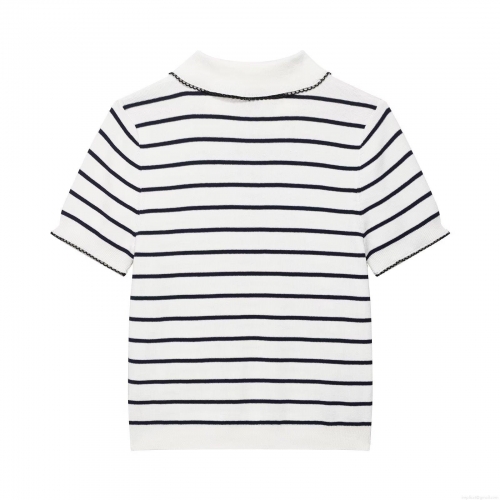 Women Peter Pan Collar Striped Knit Polo Shirt Contrast Scalloped Trim Short Sleeve Summer T-Shirt Polyester Casual Slim Fit Top Streetwear Ladies Fashion