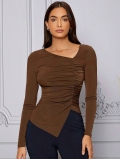 Women's French Elegant Asymmetric Slant Neck Ruched Slim Fit Long Sleeve Top Ribbed Knit Polyester Elastane Chic Commuter T-Shirt