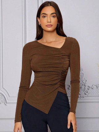 Women's French Elegant Asymmetric Slant Neck Ruched Slim Fit Long Sleeve Top Ribbed Knit Polyester Elastane Chic Commuter T-Shirt