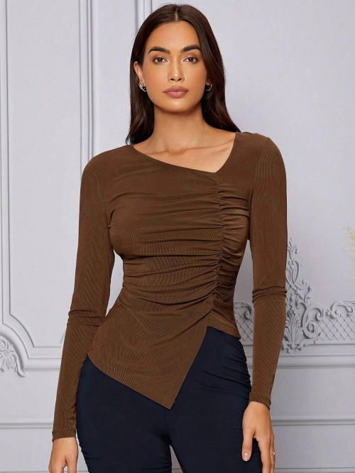 Women's French Elegant Asymmetric Slant Neck Ruched Slim Fit Long Sleeve Top Ribbed Knit Polyester Elastane Chic Commuter T-Shirt