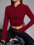 Women's Wine Red Ribbed Knit Cropped Hoodie Long Sleeve Side Drawstring Ruched Slim Fit T-Shirt Streetwear Fall Winter Sexy Hooded Crop Top for Ladies