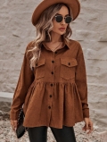 Women's Corduroy Long Sleeve Shirt Button Down Ruffle Hem Blouse Retro Loose Casual Tops For Autumn Winter Women Fashion Commuter Elegant Blouse