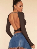 Women's Sexy Backless Long Sleeve T-Shirt Ruched Slim Fit Viscose Elastane Top Chic Round Neck Solid Color Soft Breathable Autumn Winter Clubwear Streetwear Outfit