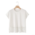 Women's White 100% Cotton T-Shirt With Lace Splicing Hem Round Neck Short Sleeve Casual Streetwear Patchwork Top For Summer
