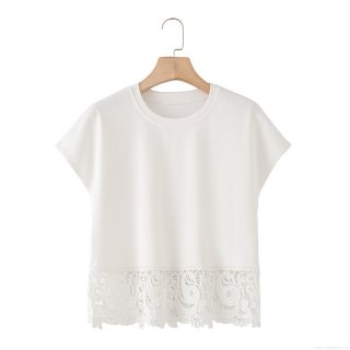 Women's White 100% Cotton T-Shirt With Lace Splicing Hem Round Neck Short Sleeve Casual Streetwear Patchwork Top For Summer