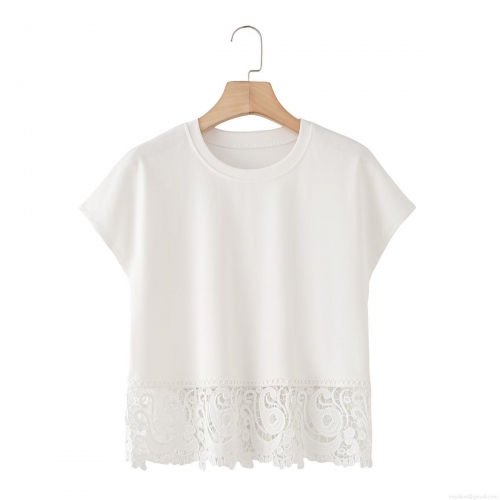 Women's White 100% Cotton T-Shirt With Lace Splicing Hem Round Neck Short Sleeve Casual Streetwear Patchwork Top For Summer