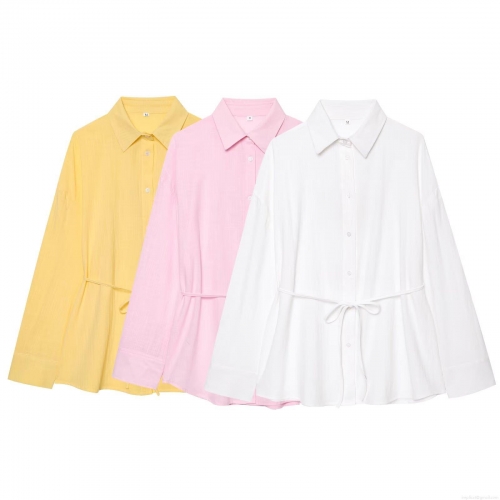 Women's Casual Long Sleeve Shirt Waist Drawstring Tie-Up Cotton-Linen Feel Polyester Solid Color Button Down Blouse Summer Streetwear Office Lady Top