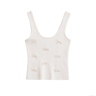 Women's Knitted Camisole Top With Pearl Bow Decoration Summer Sleeveless Ribbed Knit Tank Top Elegant Slim Fit Streetwear For Women