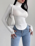 Women Sexy Slim Fit High Neck Long Sleeve T-Shirt Solid Color Base Layer Top With Thumb Hole And Curved Hem For Autumn Winter