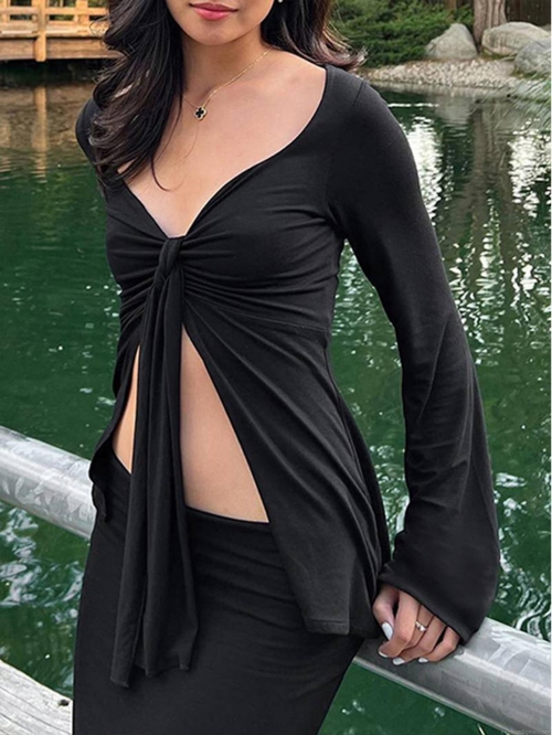 Women's Sexy Deep V Neck Long Sleeve T-Shirt Viscose Elastane Flare Sleeve Tie Front Ribbed Slim Fit Crop Top For Party Date Clubwear