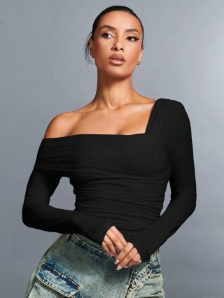 Women's Sexy Ruched Long Sleeve T-Shirt Asymmetric Off Shoulder Square Neck Slim Fit Crop Top Solid Color Viscose Blend Blouse for Party Clubwear