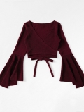 Women's Fashion Cropped T-Shirt Polyester Elastane Bell Sleeves V Neck Criss-cross Tie Back Top Sexy Streetwear Solid Burgundy Long Sleeve Shirt