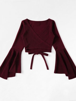Women's Fashion Cropped T-Shirt Polyester Elastane Bell Sleeves V Neck Criss-cross Tie Back Top Sexy Streetwear Solid Burgundy Long Sleeve Shirt