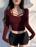 Sexy Burgundy Cross Tie Front Ribbed Knit Crop Top Women Solid Color Slim Fit Long Sleeve T-Shirt For Party Club Night Out Y2K Fashion