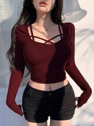 Sexy Burgundy Cross Tie Front Ribbed Knit Crop Top Women Solid Color Slim Fit Long Sleeve T-Shirt For Party Club Night Out Y2K Fashion