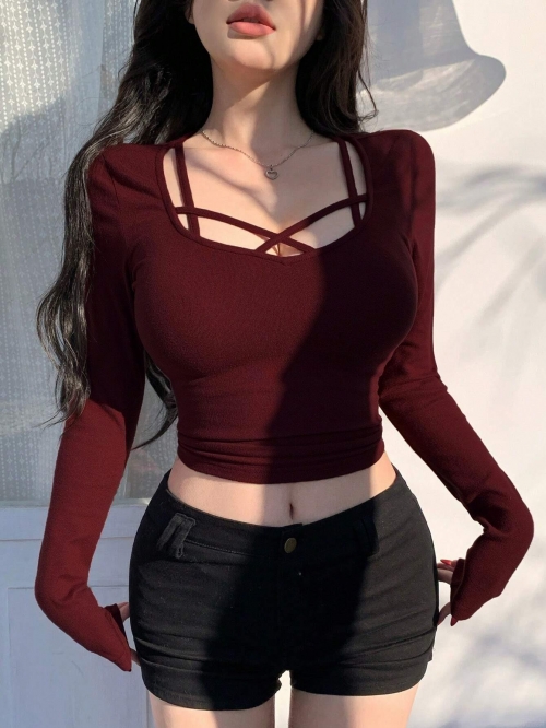 Sexy Burgundy Cross Tie Front Ribbed Knit Crop Top Women Solid Color Slim Fit Long Sleeve T-Shirt For Party Club Night Out Y2K Fashion