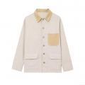 Women's 2025 Summer European Street Style Lapel Single Breasted Long Sleeve Shirt Jacket With Pockets Contrast Corduroy Collar Twill Fabric Beige Casual Blouse Outerwear