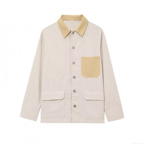 Women's 2025 Summer European Street Style Lapel Single Breasted Long Sleeve Shirt Jacket With Pockets Contrast Corduroy Collar Twill Fabric Beige Casual Blouse Outerwear