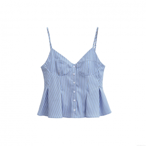 Women's Sexy Striped Camisole Top V-Neck Single Breasted Button Front Peplum Hem Sleeveless Tank Top Summer Casual Backless Slim Fit Cropped Blouse Streetwear