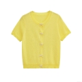 Women's Pearl Bow Knitted T-Shirt Short Sleeve Round Neck Solid Yellow Cardigan Top Fashion Streetwear Tee For Summer Daily Party