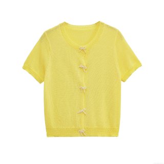 Women's Pearl Bow Knitted T-Shirt Short Sleeve Round Neck Solid Yellow Cardigan Top Fashion Streetwear Tee For Summer Daily Party