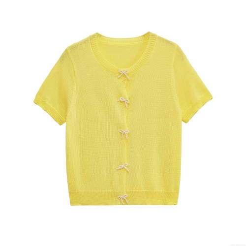 Women's Pearl Bow Knitted T-Shirt Short Sleeve Round Neck Solid Yellow Cardigan Top Fashion Streetwear Tee For Summer Daily Party