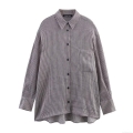 Women's Striped Long Sleeve Shirt Polyester Blend Lapel Button Down Blouse With Pocket Casual Streetwear Tops For Summer Spring Grey