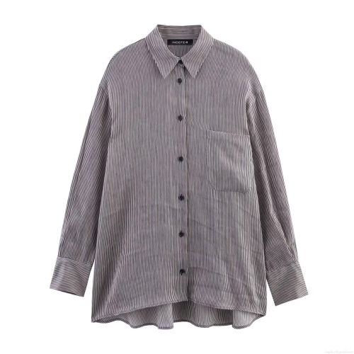 Women's Striped Long Sleeve Shirt Polyester Blend Lapel Button Down Blouse With Pocket Casual Streetwear Tops For Summer Spring Grey
