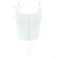 Women's Sexy White Cotton Corset Tank Top Front Hook-and-Eye Back Lace-up Camisole With Bow Straps And Lace Trim For Summer Streetwear