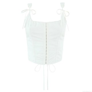 Women's Sexy White Cotton Corset Tank Top Front Hook-and-Eye Back Lace-up Camisole With Bow Straps And Lace Trim For Summer Streetwear