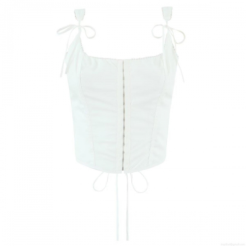Women's Sexy White Cotton Corset Tank Top Front Hook-and-Eye Back Lace-up Camisole With Bow Straps And Lace Trim For Summer Streetwear