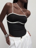 Women's Sexy Asymmetric Strap Camisole Contrast Piping Backless Ribbed Knit Slim Fit Tank Top Summer Clubwear Sleeveless Vest