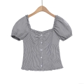 Women's Gingham Plaid Ruffle Trim T-Shirt Puff Sleeve Square Neck Button Up Polyester Blend Top Summer Fashion Streetwear Daily Casual Ladies Blouse
