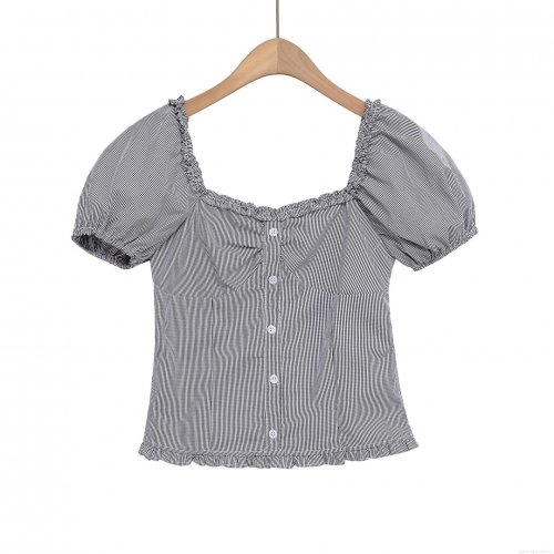 Women's Gingham Plaid Ruffle Trim T-Shirt Puff Sleeve Square Neck Button Up Polyester Blend Top Summer Fashion Streetwear Daily Casual Ladies Blouse