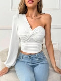 Women's One Shoulder Long Sleeve T-Shirt Asymmetric Twist Front Slim Fit Crop Top Solid Color Polyester Trendy Streetwear Autumn Casual Top